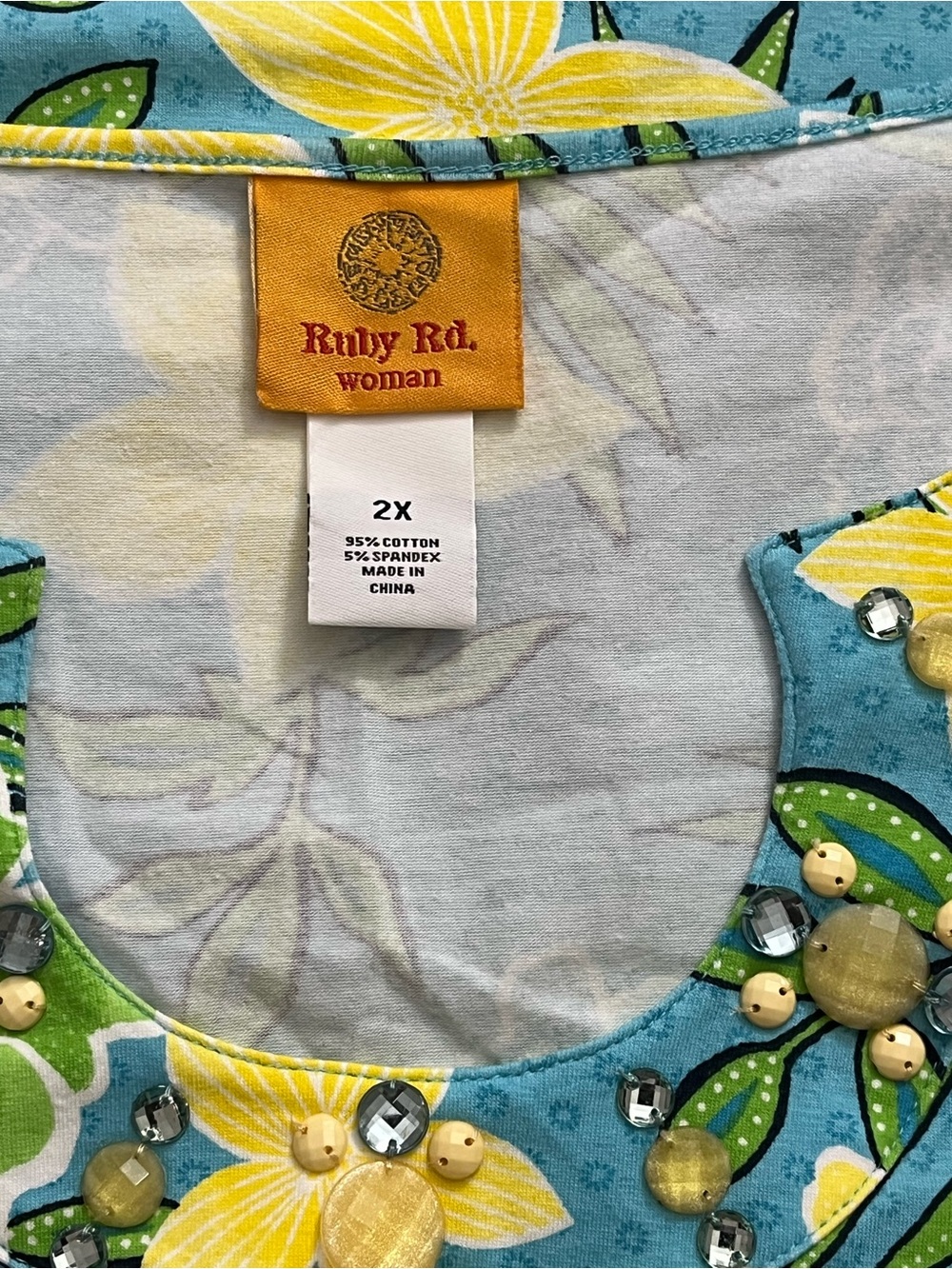 Ruby Rd. Teal Floral Pearl-Trim Long Sleeve Top - Picture 4 of 5